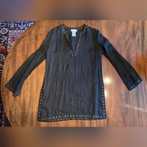 Celine - Black Linen Tunic w/Brass Toned Eylet Border Size 40